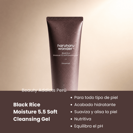 Gel limpiador Haruharu Wonder Black Rice Moisture con pH 5.5 que limpia suavemente sin alterar la barrera cutánea, ideal para piel sensible.