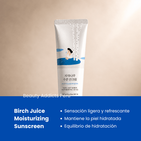 Protector solar Round Lab Birch Juice Moisturizing Sunscreen SPF con savia de abedul que hidrata mientras protege contra rayos UV.