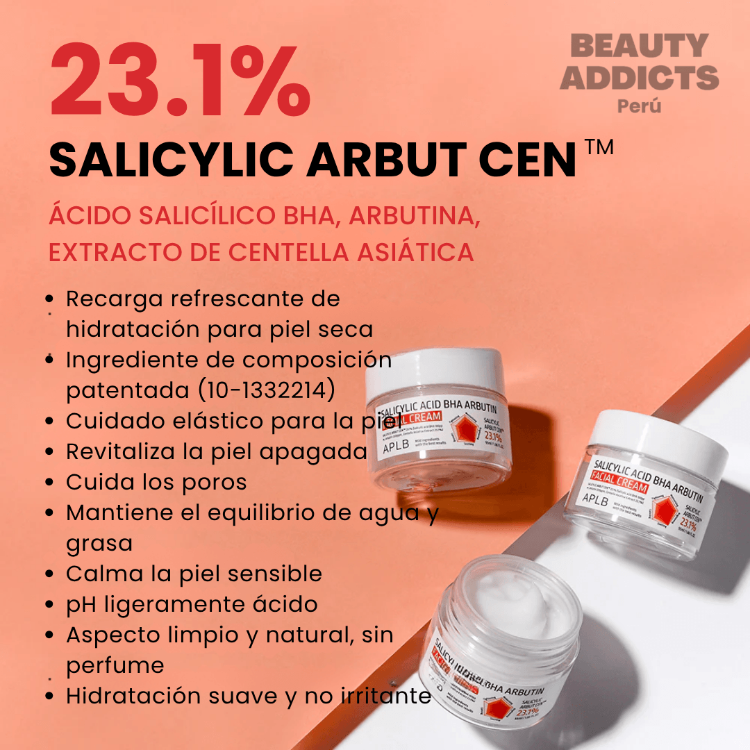 Tratamiento hidratante con ácido salicílico que ayuda a mantener los poros limpios mientras la arbutina aporta luminosidad al rostro.