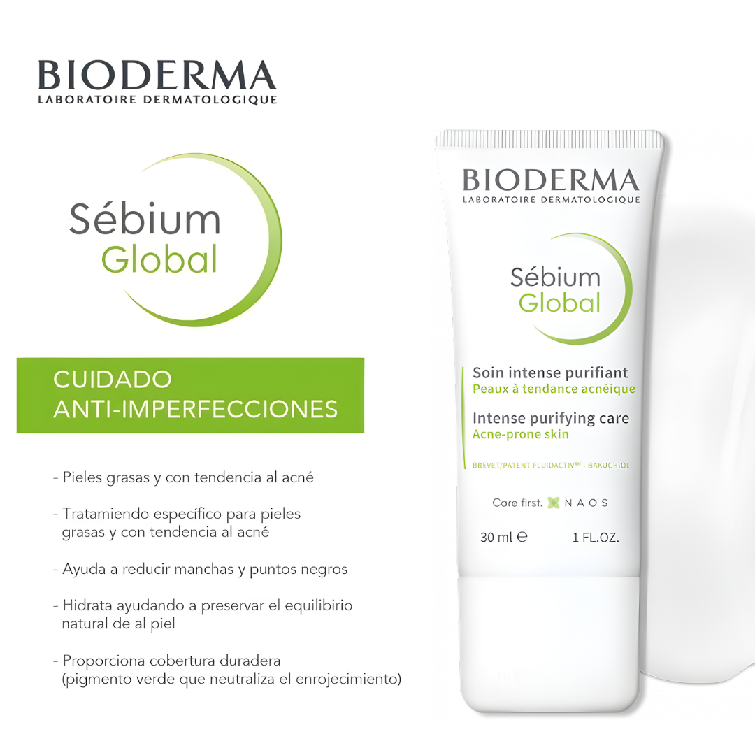 Sébium Global Bioderma hidrata mientras combate brotes y mejora la textura cutánea.