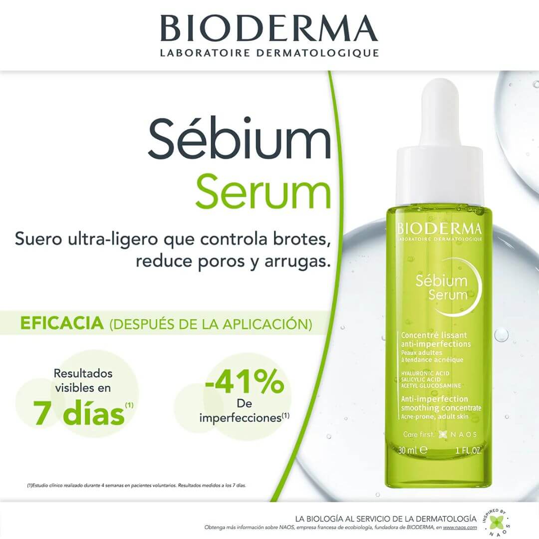 Suero Sébium Serum Bioderma, textura ligera que se absorbe rápidamente. Dermatológicamente comprobado.