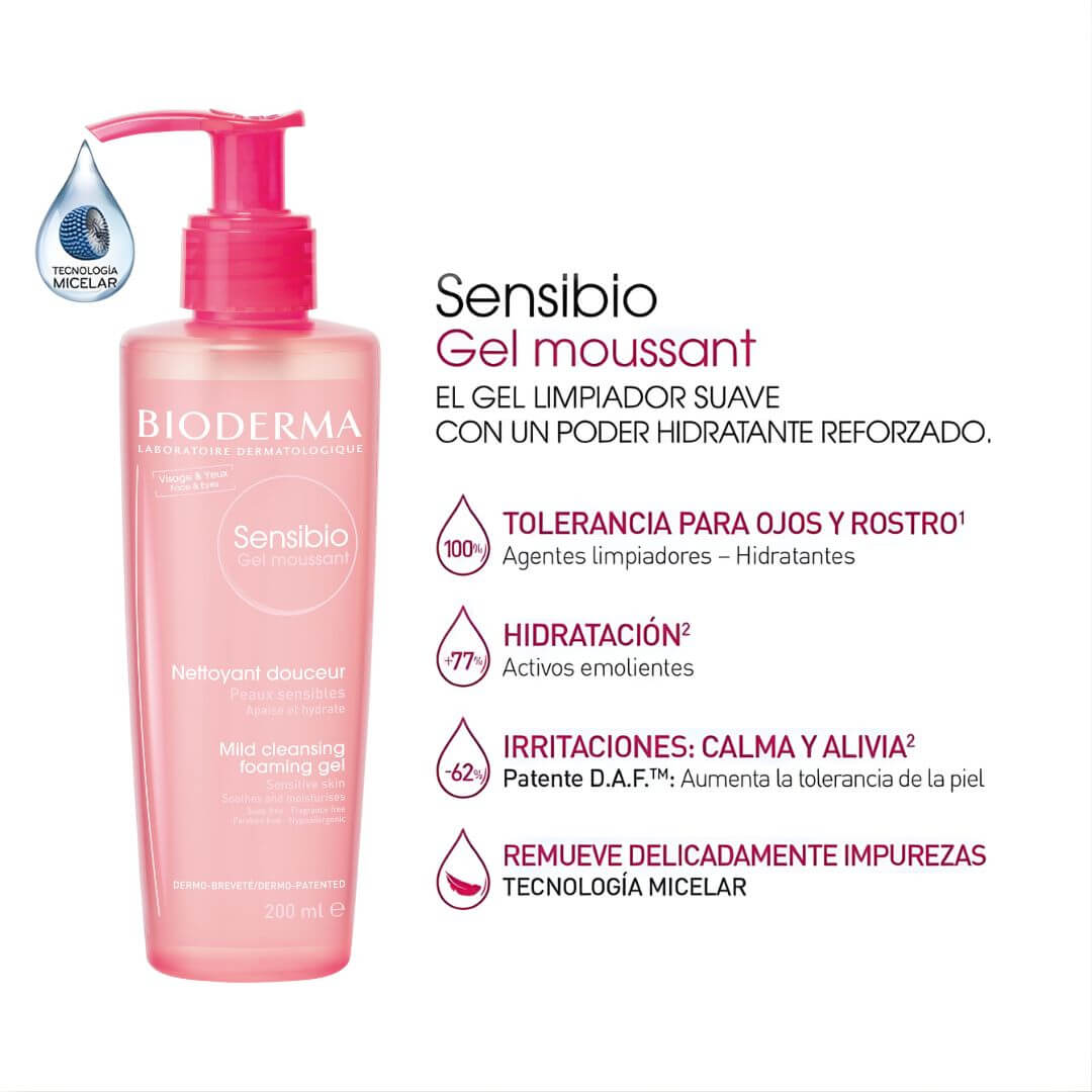 Sensibio Gel Moussant Bioderma limpia y refuerza la barrera cutánea con textura ligera.
