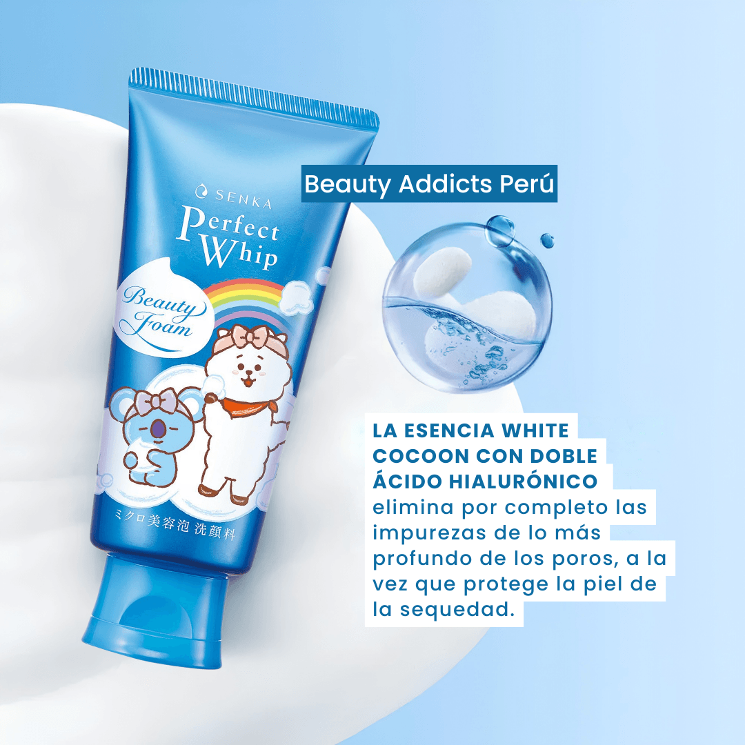 Senka Perfect Whip Beauty Face Foam con tecnología de espuma microfina para una limpieza profunda y delicada.