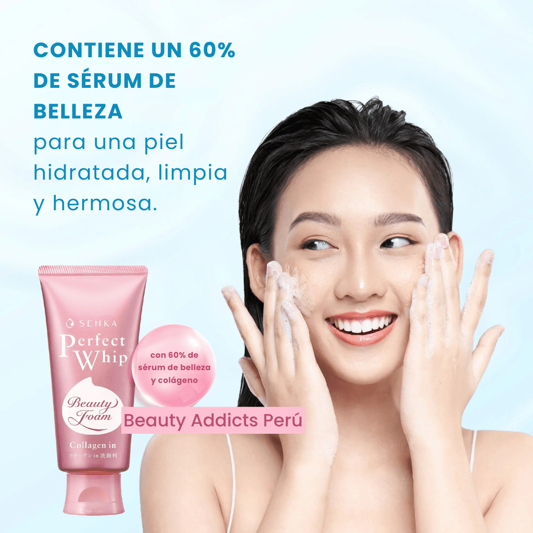 Senka Perfect Whip Collagen In con espuma cremosa que elimina impurezas mientras aporta confort y suavidad.
