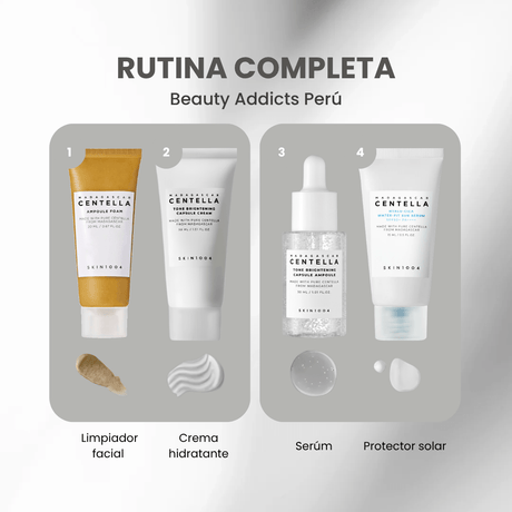 Rutina facial SKIN1004 con centella asiática diseñada para mejorar luminosidad y textura de la piel.
