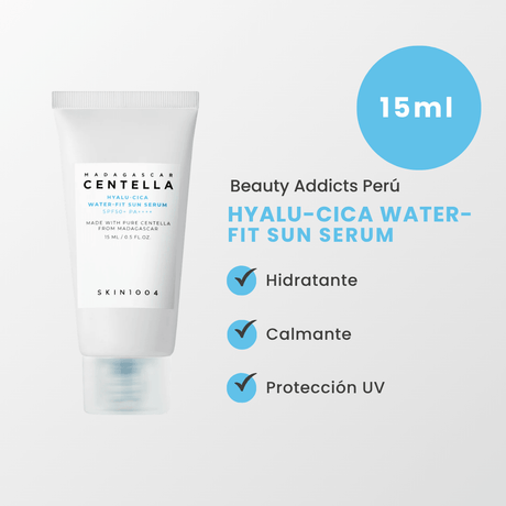 Hyalu-cica Water-fit sun serum, protector solar. Kit facial con centella asiática ideal para piel con manchas post acné y tono desigual.