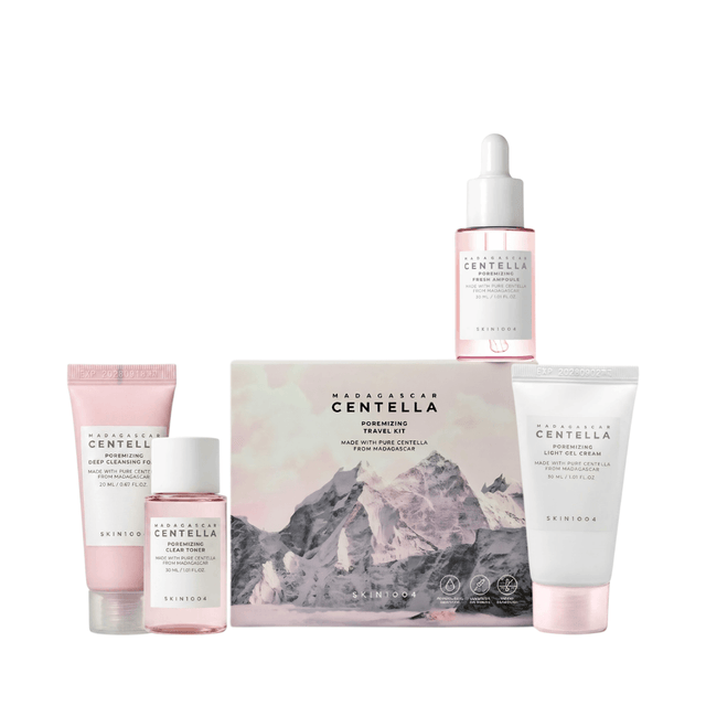 Kit de viaje Madagascar Centella Poremizing con productos para controlar poros y exceso de grasa.