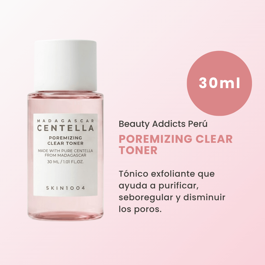 Poremizing Clear Toner. Rutina de viaje con productos SKIN1004 que ayudan a controlar sebo y mejorar textura.