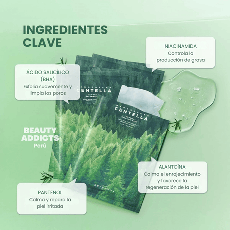 Tratamiento facial en tela con centella asiática para piel con tendencia a imperfecciones que necesita calma e hidratación.