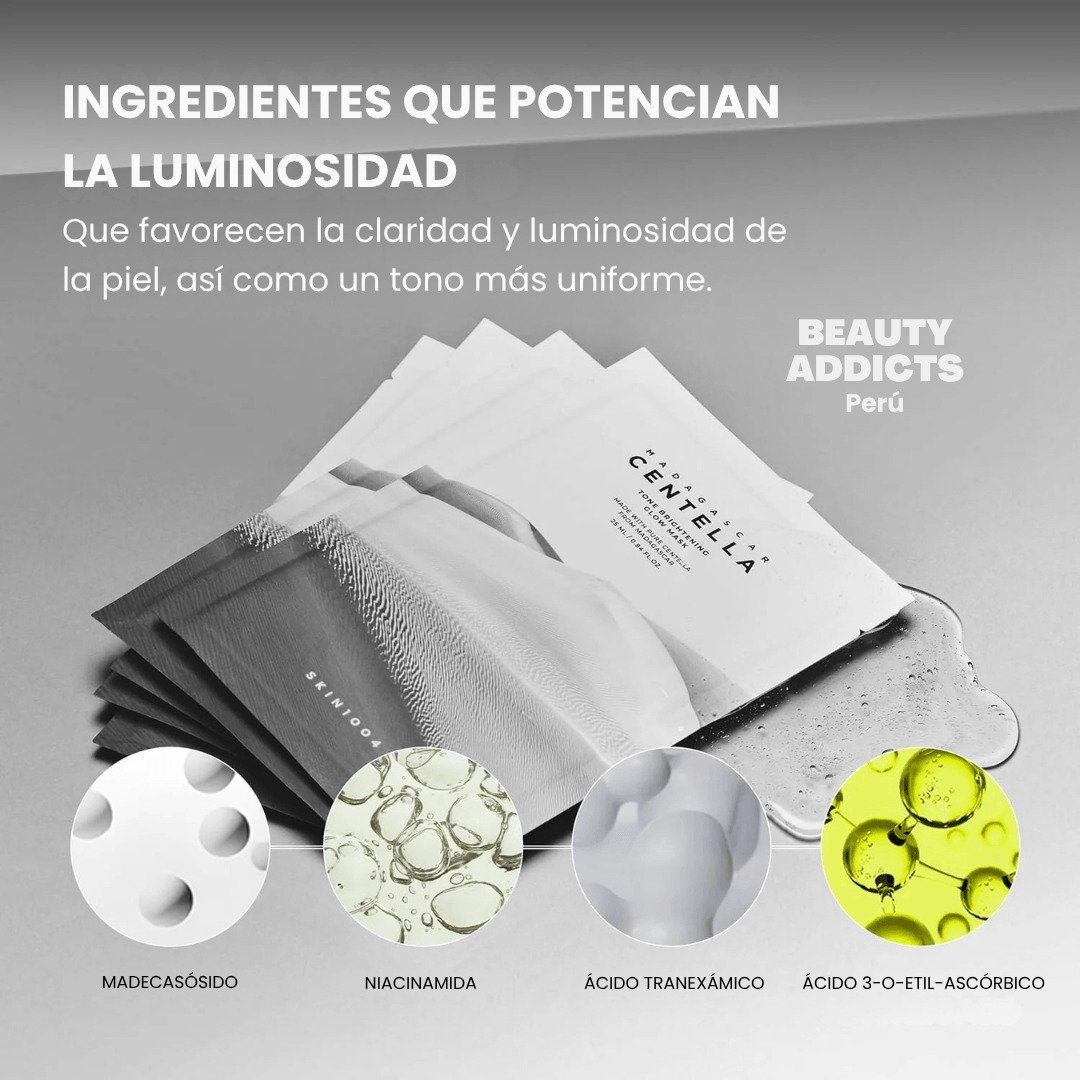 Mascarilla hidratante e iluminadora SKIN1004 diseñada para revitalizar el rostro y aportar un efecto glow saludable.
