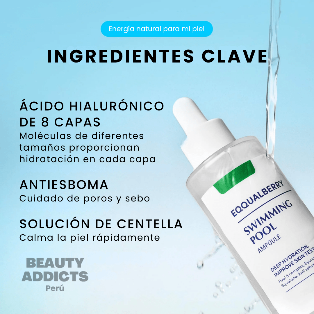 Swimming Pool Ampoule de Eqqualberry diseñada para combatir la deshidratación y aportar un efecto glow saludable.
