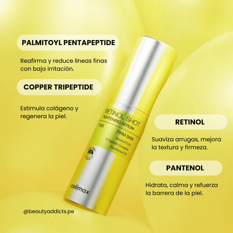 Celimax The Vita A Retinol Shot Tightening Serum con pantenol que hidrata y protege la barrera cutánea.