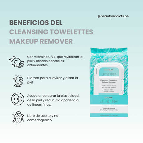 Toallitas desmaquillantes SkinLab Lift & Firm con vitamina C y E antioxidantes para revitalizar la piel.