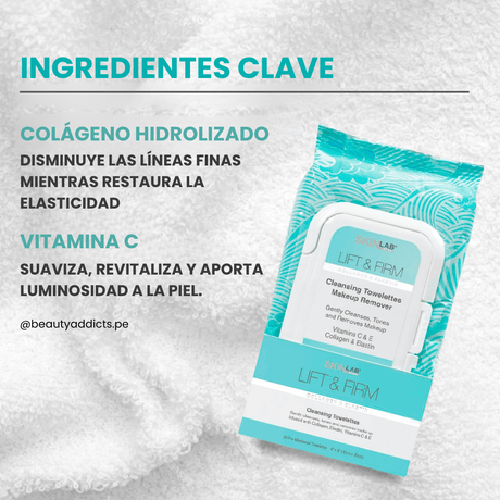 Lift & Firm Cleansing Towelettes SkinLab con colágeno hidrolizado para disminuir las líneas finas.