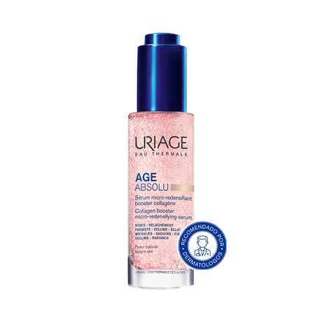 Sérum micro-redensificante Uriage con efecto booster de colágeno que mejora firmeza y elasticidad en piel madura.