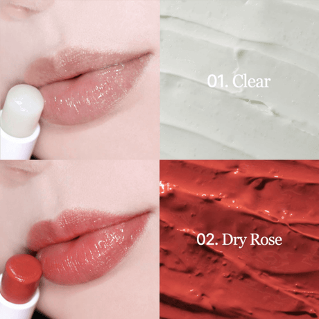 Vegan Melting Lip Balm de Mixsoon, fórmula vegana con textura cremosa de  tono 01 Clear y 02 Dry Rose.