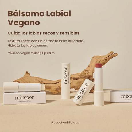 Bálsamo labial Mixsoon Vegan Melting, de textura ligera que cuida los labios secos  sensibles.
