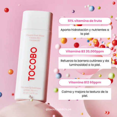 Tocobo Vita Tone Up Sun Cream  brinda una protección solar avanzada con sus múltiples vitaminas.