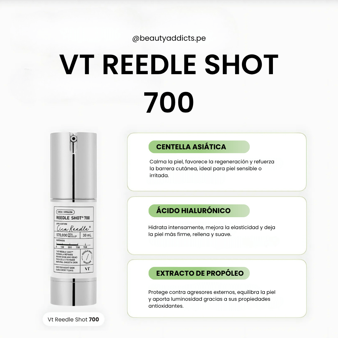 Reedle Shot 700 con centella ásiatica,ácido hialurónico y extracto de propóleo que estimulan la producción de colágeno.