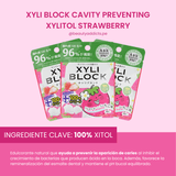 XYLI Block Cavity Preventing Xylitol Strawberry Okuchi previene caries y refresca el aliento.