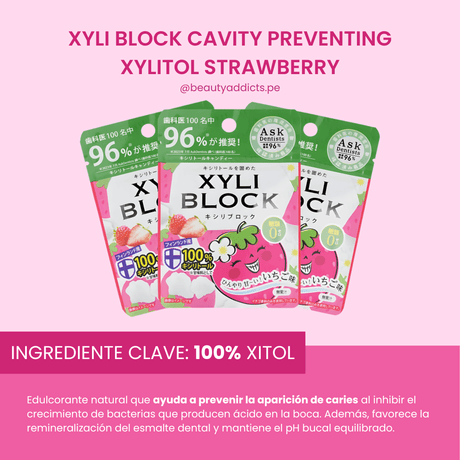 XYLI Block Cavity Preventing Xylitol Strawberry Okuchi previene caries y refresca el aliento.
